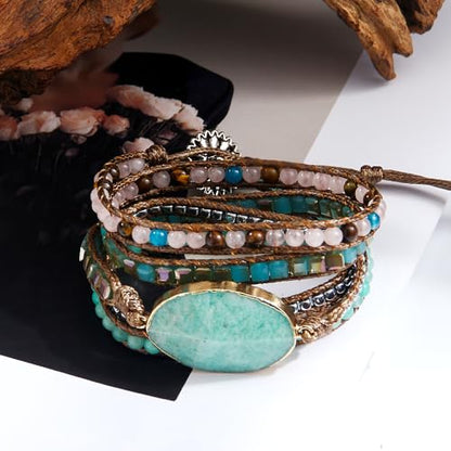 Women Wrap Bracelets Boho Natural Stone Jasper Turquoises Strand Bracelet Jewelry Collection - color: Amazonite