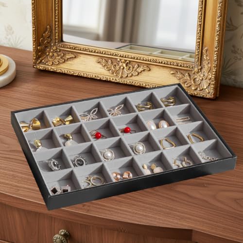 Large Jewelry Organizer Tray, Stackable Jewelry Storage Holder PU Leather Velvet Jewellery Display Case for Stud Earring Bracelet Necklace Ring (Black Gray, 24 Grids) - color: Black Gray