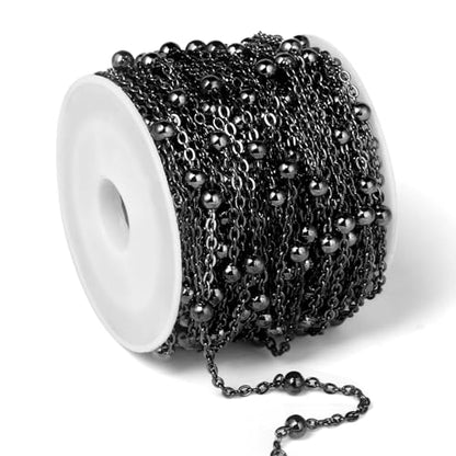33FT 2mm Gunmetal Black Satellite Bead Chains Roll Bulk for Jewelry Making | 304 Stainless Steel Ball Beaded Cable Link Chains Spool for Necklace DIY Craft - color: Black Big Beads Satellite Cable Chain