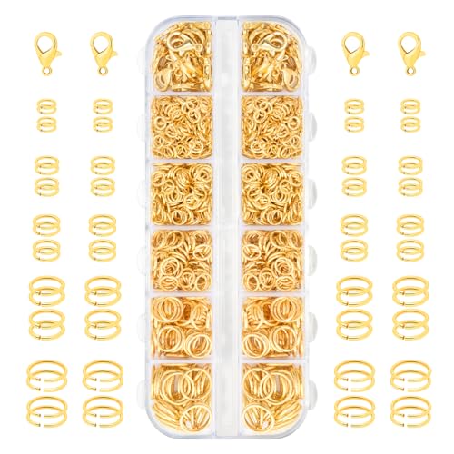 1200pcs Jump Rings for Jewelry Making Supplies, Bracelet Kit, Gold | Necklace Repair Kit for Keychain, Charm Necklace, 5 Different Size Ring & 12mm Lobster Clip - color: 1200Pcs Gold