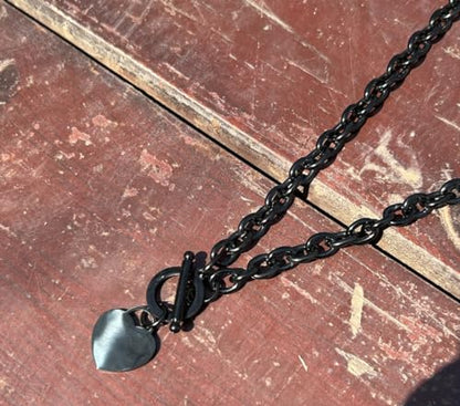 WangGao Elegent Love Stainless Steel Link Chain Blank Heart Charms Necklace for Women Toggle Clasp Closure - color: Black, size: 19.6inches