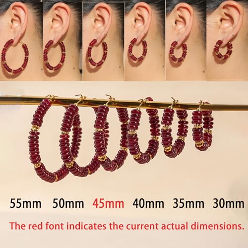Wellike Beaded Hoop Earrings for Women Natural Stone Pink Gold Huggie Earrings Hypoallergenic Dainty Waterproof Trendy Jewelry - color: Burgundy, size: 45mm