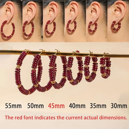Wellike Beaded Hoop Earrings for Women Natural Stone Pink Gold Huggie Earrings Hypoallergenic Dainty Waterproof Trendy Jewelry - color: Burgundy, size: 45mm