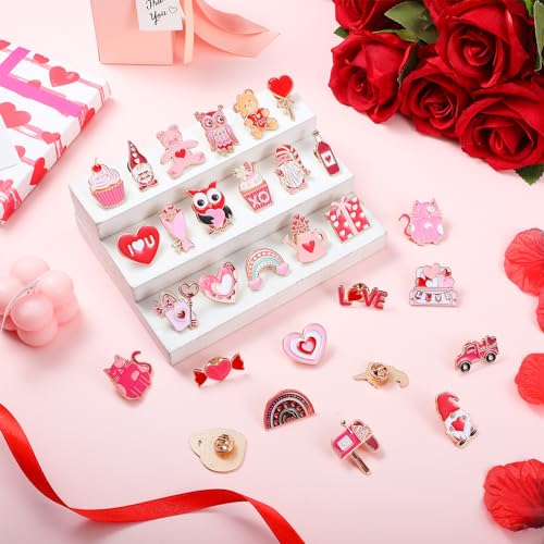 Giegxin 40 Pcs Valentines Day Enamel Pins for Women Pink Backpack Brooch Cute Heart Rose Gnome Love Cupid Lip Bear Lapel Pins Valentines Day Gifts - style: Heart