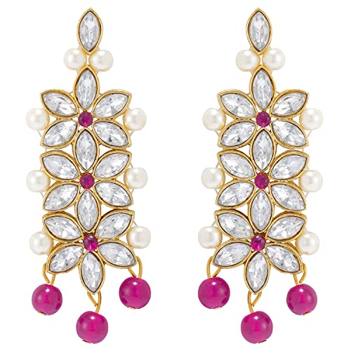 Aheli Wedding Party Wear Bridal Jewellery Choker Long Pearl Necklace Earrings Maang Tikka Indian Traditional Set Gift for Women - color: Rani Pink-1