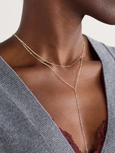 Foxgirl Lariat Gold Necklace for Women, Dainty Long Necklace 14k Gold Plated/Silver Y-Shaped Pendant Necklace Trendy Layered Cz Beaded Chain Drop Necklaces Simple Gold Jewelry For Women Gift - color: sterling silver Y Necklace