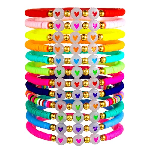 Heishi Surfer Clay Bead Bracelets Set for Women - Preppy Smile Evil Eye Beaded Stretch Bracelets Elastic Layering Friendship Bracelets- Stackable Boho Disc Summer Jewelry Set - color: 12PC-3heart-B