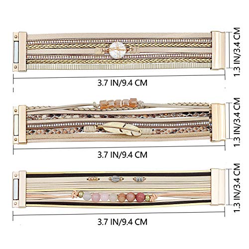 Wowanoo 3Pack Leather Cuff Bracelet Set Multilayer Wrap Bracelet Crystal Feather Tree Bracelet Magnetic Clasp Bracelet for Women - color: Beaded