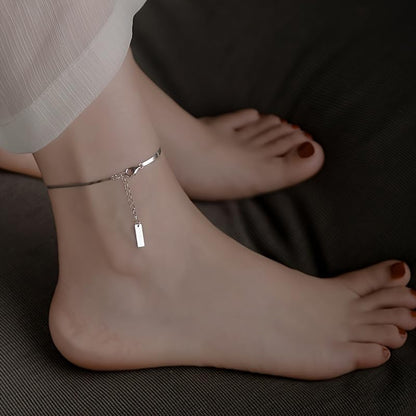 1PC Silver Square Pendant Snake Chain Anklet, Minimalist Adjustable Foot Accessory(Silver)