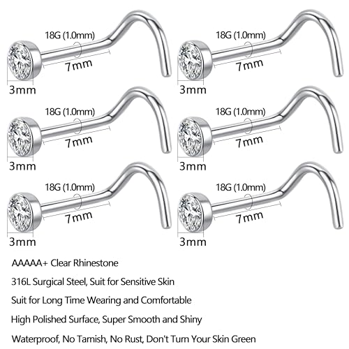 12Pcs Corkscrew Nose Studs L Shaped 18 20 Gauge Nose Piercings Nose Rings Studs Nostril Nose Piercing Jewelry Surgical Steel Nose Stud Nose Jewelry Real Nose Piercing Stud 18G 20G Screw Nose Rings Curved Nose Screw Studs for Women Men 2mm 2.5mm 3mm CZ Gol
