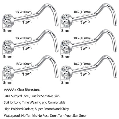 12Pcs Corkscrew Nose Studs L Shaped 18 20 Gauge Nose Piercings Nose Rings Studs Nostril Nose Piercing Jewelry Surgical Steel Nose Stud Nose Jewelry Real Nose Piercing Stud 18G 20G Screw Nose Rings Curved Nose Screw Studs for Women Men 2mm 2.5mm 3mm CZ Gol