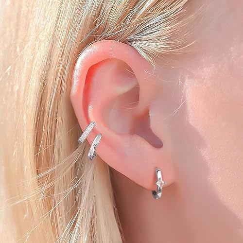 micuco 3 Pairs Small Gold Hoop Huggie Earrings Set for Women Men Tendy | 14K Gold Plated Small Huggie Hoop Earrings for Men, Tiny Cartilage Hypoallergenic Earring Set - style: N# SCZ Silver 8-10-12mm