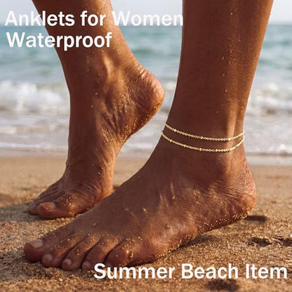 Dainty Gold Ankle Bracelets for Women Waterproof | Non Tarnish 14K Gold Plated Beaded Anklets, Layered Summer Beach Jewelry Gifts, Bikini Outfits for Vacation