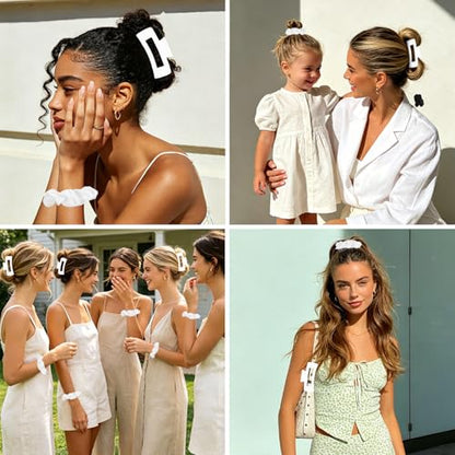 YISSION Claw Clip and Satin Scrunchie Set, 2 Pack White Hair Accessories, No Damage Hair Ties Non Slip Large Hair Clips for Women Girls Thick Thin Hair Daily Wear Party Wedding - color: White