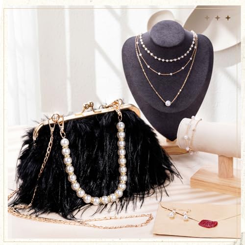 Liliaafar 4 Pcs Evening Clutch Purse with Pearl Jewelry Sets,Clutch Bag Pearl Earrings Necklace Bracelet for Wedding Party - color: Black, style: Fluffy Feather
