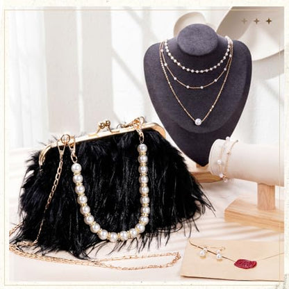 Liliaafar 4 Pcs Evening Clutch Purse with Pearl Jewelry Sets,Clutch Bag Pearl Earrings Necklace Bracelet for Wedding Party - color: Black, style: Fluffy Feather