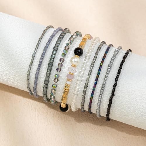 Handmade Stackable Rice Seed Beaded Ball Bracelets set for women, Romantic Boho Trendy Acrylic Glass Stretch Accessories Multi Layer Jewelry, Daily Wear Party Holiday Friendship Gift - color: Black