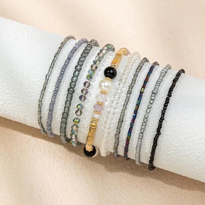 Handmade Stackable Rice Seed Beaded Ball Bracelets set for women, Romantic Boho Trendy Acrylic Glass Stretch Accessories Multi Layer Jewelry, Daily Wear Party Holiday Friendship Gift - color: Black