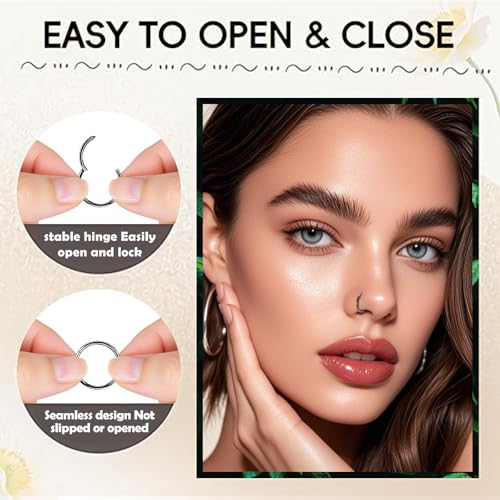 10Pcs Gold Nose Ring Hoop 18G/20G Clicker Nose Hoops Hypoallergenic Stainless Steel Nose Piercings Jewelry Gold Nose Jewelry Septum Helix Cartilage Lip Body Piercings for Women Men 7mm 8mm 9mm 10mm 12mm - color: Black-20G