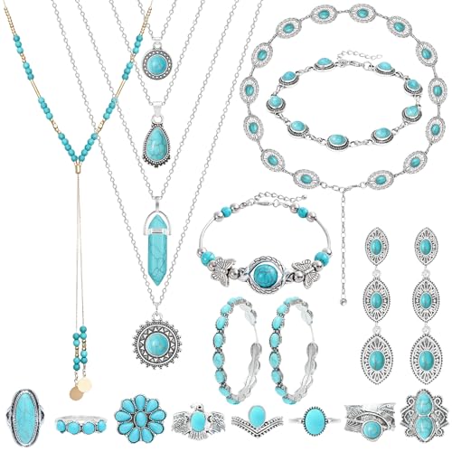 NEWITIN 20 Pieces Silver Bohemian Jewelry Set for Women Fashion Costume Jewels Turquoise Necklace Bracelet Ring Earrings Western Turquoise Jewelry Set for Women - color: Bohemian Jewelry Set