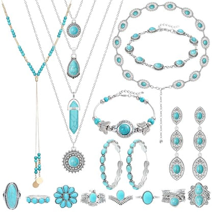 NEWITIN 20 Pieces Silver Bohemian Jewelry Set for Women Fashion Costume Jewels Turquoise Necklace Bracelet Ring Earrings Western Turquoise Jewelry Set for Women - color: Bohemian Jewelry Set