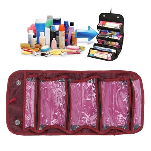 2PCS Roll up Makeup Bag, 4 in 1 Cosmetic Bag Foldable Makeup Bag Clear Makeup Organizer Bag Hanging Toiletry Bag for Women Men (Red) - color: Red