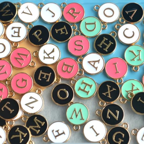 A-Z Letter Charms Round Enamel Alphabet Initial Pendant for Jewelry Making,Double-Side for Necklace Bracelet Earring DIY Craft - color: 4 sets(104pcs)-White,Black,Pink,Blue