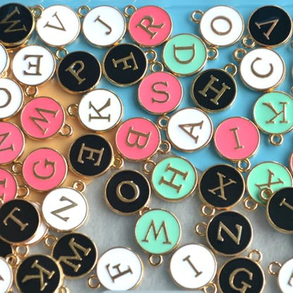 A-Z Letter Charms Round Enamel Alphabet Initial Pendant for Jewelry Making,Double-Side for Necklace Bracelet Earring DIY Craft - color: 4 sets(104pcs)-White,Black,Pink,Blue