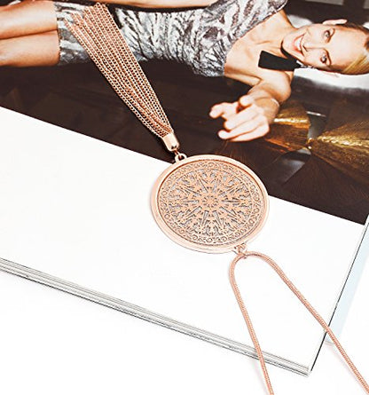 MOLOCH Long Necklaces For Woman Disk Circle Pendant Necklaces Tassel Fringe Necklace Set Statement Pendant - color: rose gold