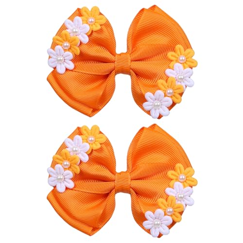 4in Pearl Flower Hair Bows Girls Orange Floral Ribbon Hair Bow Alligator Clips for Toddler Teens Kids Women Fall Halloween Dress up Outfits Decor Accessories Gift Set 2 Pack - color: Orange