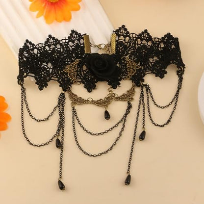 Gothic Victorian Style Vampire Choker Necklace for Women Black Crystal Tassel Lace Collar Necklace Halloween Punk Black Sexy Lace Necklace Halloween Cavewoman Costume - style: Black Roses