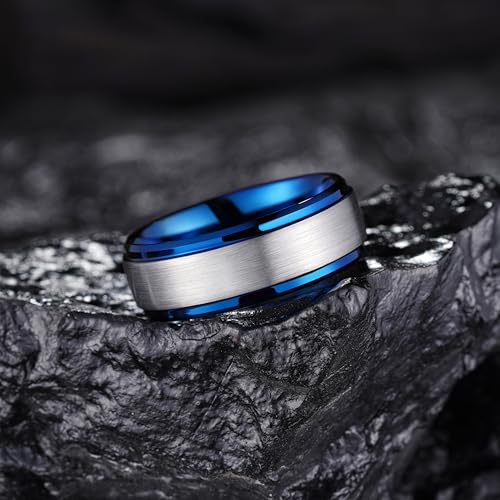 King Will Mens Brushed Wedding Band, Two Tone Matte Step Edges/Pipe Cut, Tungsten Carbide Anniversary Promise Rings Comfort Fit - color: Silver&Blue-8mm