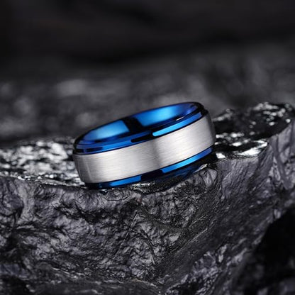 King Will Mens Brushed Wedding Band, Two Tone Matte Step Edges/Pipe Cut, Tungsten Carbide Anniversary Promise Rings Comfort Fit - color: Silver&Blue-8mm