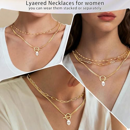 Poxtex Layered Gold Necklaces for Women, Stackable Dainty 14K Gold Silver Plated Trendy Simple Heart Diamond Cross Bow Circle Pendant Paperclip Choker Dot Chain Necklace,Jewelry Set Gifts for Women - color: Gold, style: Pearl1