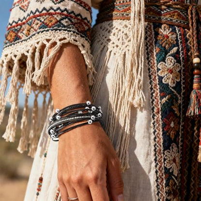 Wrapped Bracelets for Women,Leather Boho Bracelets for Women - color: Doubleloop-Black