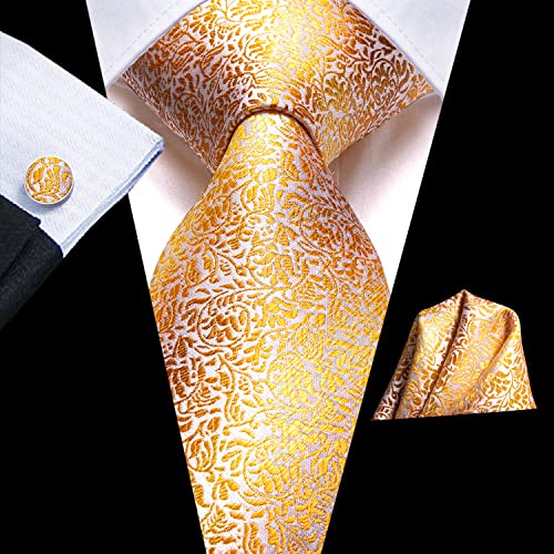 Hi-Tie Men's Silk Ties Formal Woven Classic Necktie Pocket Square Cufflinks Lapel Pin Set Wedding Business - color: B Yellow