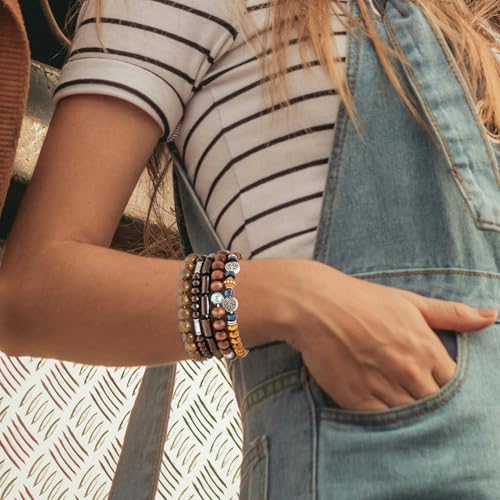 10 Pcs Stackable Bohemian Beaded Bracelets for Women Men, Nature Tree Butterfly Turquoise Wooden Beads Stretch Boho Bracelets Handmade Boho Hippie Western Chic Earthy Jewelry Gift - color: Brown Bamboo Joint