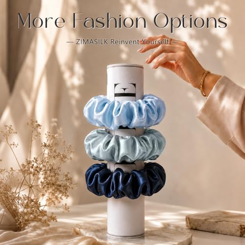 ZIMASILK 100% Pure Mulberry Silk Hair Scrunchies for Women | No Damage - Gentle Elastic Hair Ties for Ponytail Holder - Hair Accessories (3 Pack, Bluehaze, Navy Blue, Sky Blue) - color: Dusty Blue, Navy Blue, Sky Blue (3pcs)
