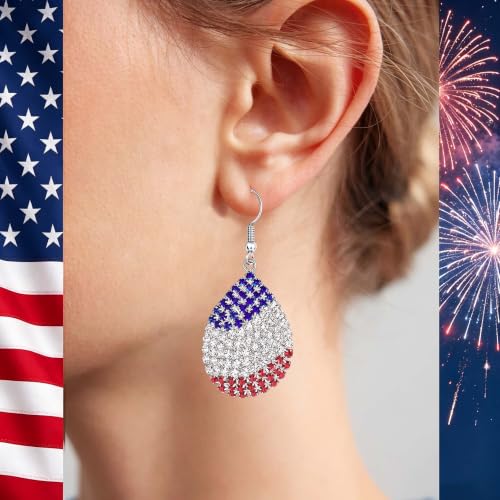 Go Ho 4th of July Earrings for Women, American Flag Red White and Blue Sparkly Crystal Dangle Earrings, Patriotic Jewelry Accessories - color: Teardrop