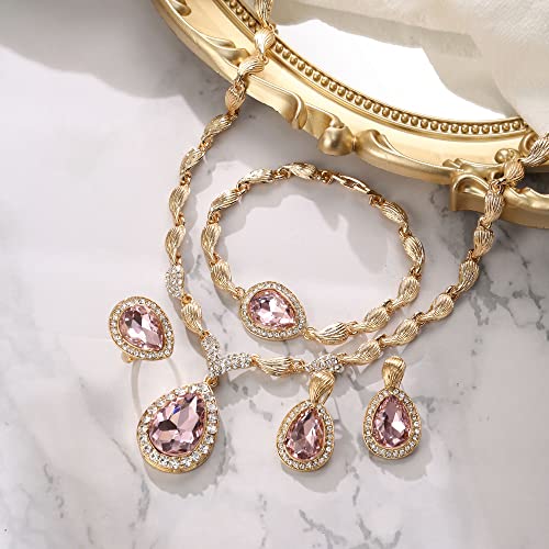 Womens Africa 18k Gold Plated Jewelry Set Crystal Rhinestones Petals Teardrop Cluster Bib Statement Necklace Link Bracelet Dangle Earrings Ring for Prom - color: 08-Pink Gold-Plated-Base