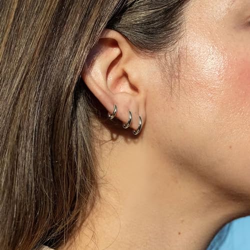Small Hoop Earrings for Women Men Girls 14k Real Gold Plated Thin Gold Huggie Hoops Set for Cartilage Helix Hypoallergenic Surgical Stainless Steel 6/8/10/12mm - color: Silver, style: Regular-2.0mm