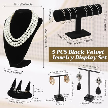 Novabright 5 Pcs Velvet Jewelry Display Set Necklace Bust Holder T Bar Bracelet Earring Holder Ring Finger Jewelry Display Stand