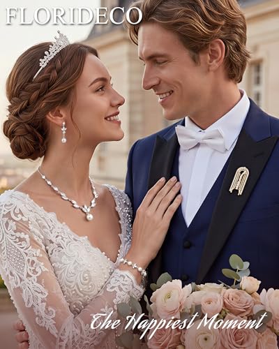 3Pcs 14K Gold Plated Pearl Bridal Jewelry Set for Women | Pearl necklace, drop earrings and bracelet set with cubic zirconia for bride bridesmaid wedding prom and party accessories - color: Silver Plated-CZ Leaf-Pearl