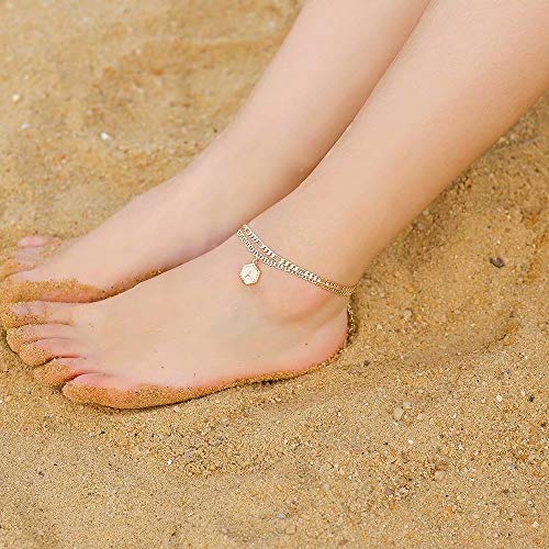 Memorjew Ankle Bracelets for Women, 14K-Gold-Plated Initial A-Z Anklet | Figaro Chain Layered 14K-Gold-Plated Hexagon Letter Anklets for Women, Summer Foot Chain Jewelry Gifts, Ankle Bracelets Gifts - style: F-Gold-Plated