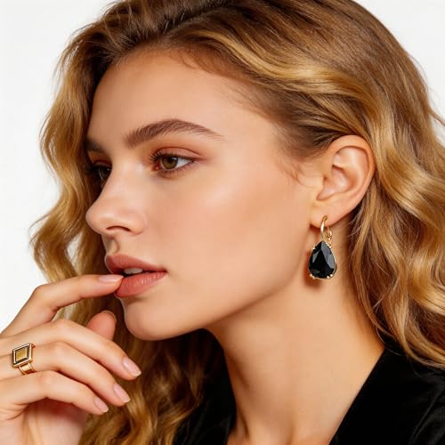 Gold Tone Teardrop Crystal Leverback Earrings Black and Metallic Earrings for Women Specific Rhinestone Water Droplet Dangle Drop Jewelry Black Teardrop Party Gifts