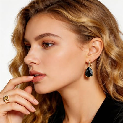 Gold Tone Teardrop Crystal Leverback Earrings Black and Metallic Earrings for Women Specific Rhinestone Water Droplet Dangle Drop Jewelry Black Teardrop Party Gifts