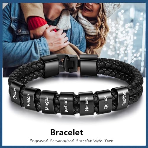 Personalized Braided Leather Bracelet with Photo Custom Name Beads Cuff Bangle Jewelry Gifts for Men Dad Husband Grandpa Fathers Day - color: Style 2-Black-8.5inch