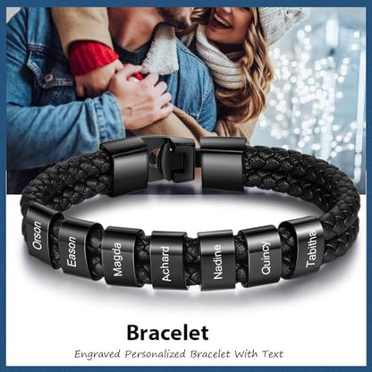 Personalized Braided Leather Bracelet with Photo Custom Name Beads Cuff Bangle Jewelry Gifts for Men Dad Husband Grandpa Fathers Day - color: Style 2-Black-8.5inch