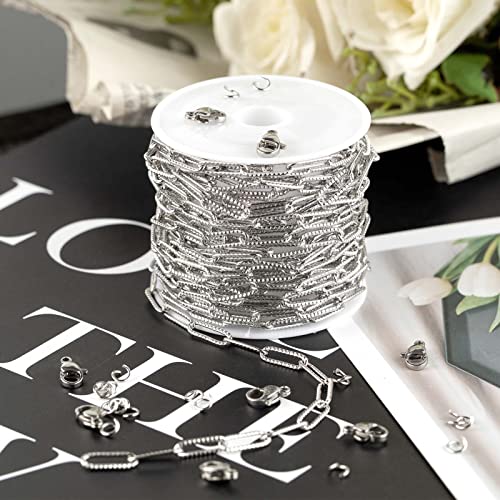 KYUNHOO 16.4 FT Silver Necklace Chains Bulk Embossed Paperclip Chain Roll | 304 Stainless Steel Chains for Jewelry Making Textured Paper Clip Chain with Clasps Jewelry Supplies DIY Crafts - color: Embossed Paperclip Silver