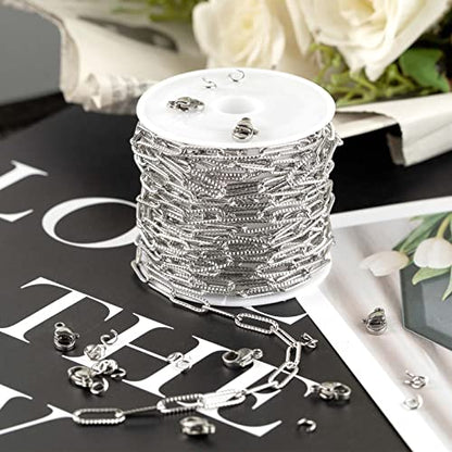 KYUNHOO 16.4 FT Silver Necklace Chains Bulk Embossed Paperclip Chain Roll | 304 Stainless Steel Chains for Jewelry Making Textured Paper Clip Chain with Clasps Jewelry Supplies DIY Crafts - color: Embossed Paperclip Silver